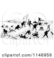 Clipart Of Silhouetted Boys Battling With Snowballs Royalty Free Vector Illustration