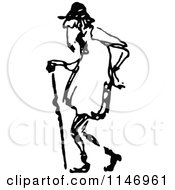 Clipart Of A Retro Vintage Black And White Old Man Walking With A Cane Royalty Free Vector Illustration