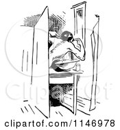 Poster, Art Print Of Retro Vintage Black And White Man Flossing His Teeth In A Bathroom