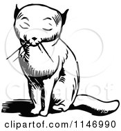 Clipart Of A Retro Vintage Black And White Sitting Kitty Royalty Free Vector Illustration