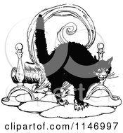 Clipart Of A Retro Vintage Black And White Scared Cat Royalty Free Vector Illustration