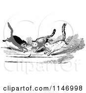 Clipart Of Retro Vintage Black And White Cats Chasing A Mouse Royalty Free Vector Illustration