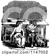 Clipart Of Retro Vintage Black And White Children Eating By A Cat Royalty Free Vector Illustration
