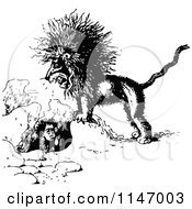 Clipart Of A Retro Vintage Black And White Mad Lion And Boy In A Hole Royalty Free Vector Illustration