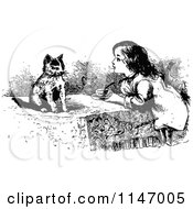 Poster, Art Print Of Retro Vintage Black And White Girl And Kitten Having Tea