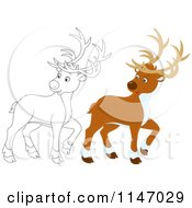 Cartoon Of Colored And Outlined Christmas Reindeer Looking Back Royalty Free Vector Clipart