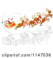 Poster, Art Print Of Colored And Outlined Scenes Of Santa With Magic Christmas Reindeer Flying His Sleigh 1