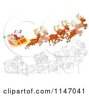 Poster, Art Print Of Colored And Outlined Scenes Of Santa With Magic Christmas Reindeer Flying His Sleigh 2