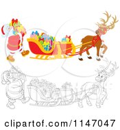 Poster, Art Print Of Colored And Outline Scenes Of Santa Loading Christmas Gifts Into His Sleigh