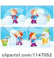 Cartoon Of Scenes Of A Happy Boy Making A Snowman Royalty Free Vector Clipart