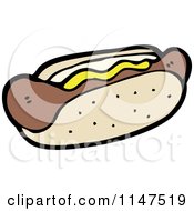 Cartoon Of A Hot Dog With Mustard In A Bun Royalty Free Vector Clipart by lineartestpilot