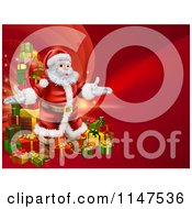 Poster, Art Print Of Red Christmas Background With Santa And A Tower Of Gifts