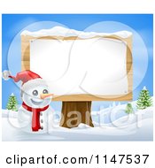 Poster, Art Print Of Happy Snowman With A Santa Hat And Sign On A Stump