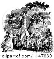 Clipart Of A Retro Vintage Black And White Father And Two Children With Toyd Royalty Free Vector Illustration