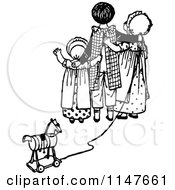 Clipart Of A Retro Vintage Black And White Kids With A Toy Horse Waving Goodbye Royalty Free Vector Illustration