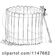 Clipart Of A Retro Vintage Black And White Man Climbing A Letter Around A Tall Fence Royalty Free Vector Illustration