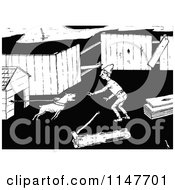 Clipart Of A Retro Vintage Black And White Man And Guard Dog Royalty Free Vector Illustration