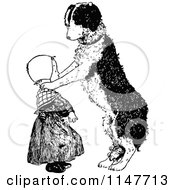 Clipart Of A Retro Vintage Black And White Dog Resting Its Paws On A Girls Shoulders Royalty Free Vector Illustration