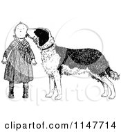 Clipart Of A Retro Vintage Black And White Dog Licking A Girls Face Royalty Free Vector Illustration