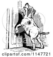 Clipart Of A Retro Vintage Black And White Begging Dog At A Door Royalty Free Vector Illustration