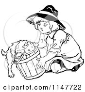 Clipart Of A Retro Vintage Black And White Girl And Puppy In A Bucket Royalty Free Vector Illustration