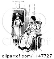 Clipart Of Retro Vintage Black And White Women Talking Royalty Free Vector Illustration