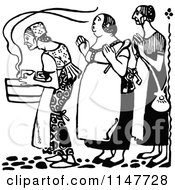 Clipart Of A Retro Vintage Black And White Woman Carrying A Pot In A Kitchen Royalty Free Vector Illustration