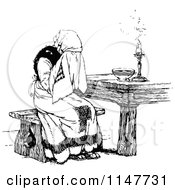 Clipart Of A Retro Vintage Black And White Lady Sobbing At A Table Royalty Free Vector Illustration