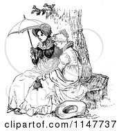Poster, Art Print Of Retro Vintage Black And White Ladies Sitting On A Tree Bench With A Parasol