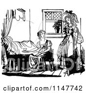 Clipart Of A Retro Vintage Black And White Women At Someones Bed Side Royalty Free Vector Illustration