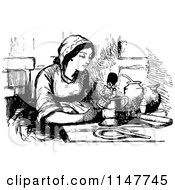 Clipart Of A Retro Vintage Black And White Lady Sitting At A Table With A Drummer Boy Toy Royalty Free Vector Illustration