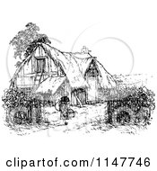Clipart Of A Retro Vintage Black And White Woman And Thatched Cottage Royalty Free Vector Illustration