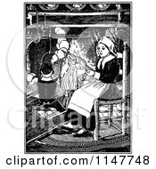 Clipart Of A Retro Vintage Black And White Woman Cooking By A Fire Royalty Free Vector Illustration