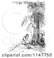 Clipart Of A Retro Vintage Black And White Woman Crying Under A Tree Royalty Free Vector Illustration