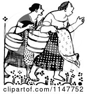 Clipart Of Retro Vintage Black And White Surprised Women Carrying Buckets Royalty Free Vector Illustration