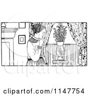 Clipart Of A Retro Vintage Black And White Woman Looking At A Vase Royalty Free Vector Illustration