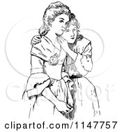 Clipart Of Retro Vintage Black And White Sisters Royalty Free Vector Illustration