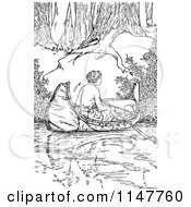 Clipart Of A Retro Vintage Black And White Woman In A Canoe Royalty Free Vector Illustration