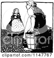 Clipart Of A Retro Vintage Black And White Woman Carrying Buckets And Talking To A Girl Royalty Free Vector Illustration