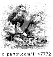 Clipart Of A Retro Vintage Black And White Woman Sitting By A River Royalty Free Vector Illustration
