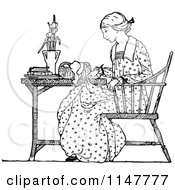 Clipart Of A Retro Vintage Black And White Woman Seated At A Table Royalty Free Vector Illustration