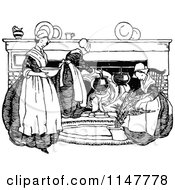 Clipart Of A Retro Vintage Black And White Girl And Ladies Working Around A Hearth Royalty Free Vector Illustration