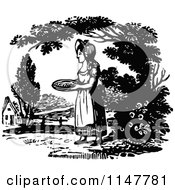 Clipart Of A Retro Vintage Black And White Woman Walking With A Pie Royalty Free Vector Illustration