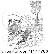 Clipart Of Retro Vintage Black And White Boy Scouts Watching A Crowd Royalty Free Vector Illustration