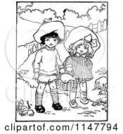 Poster, Art Print Of Retro Vintage Black And White Boy And Girl Carrying A Basket