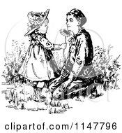 Clipart Of A Retro Vintage Black And White Children In A Garden Royalty Free Vector Illustration