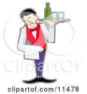 Male Servant Holding A Tray With Wineglasses And A Bottle Of Wine