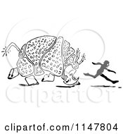 Clipart Of A Retro Vintage Black And White Rhino Chasing A Boy Royalty Free Vector Illustration by Prawny Vintage