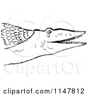 Clipart Of A Retro Vintage Black And White Carnivorous Fish Royalty Free Vector Illustration