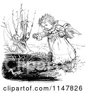 Clipart Of A Retro Vintage Black And White Girl Reaching For A Duck Royalty Free Vector Illustration